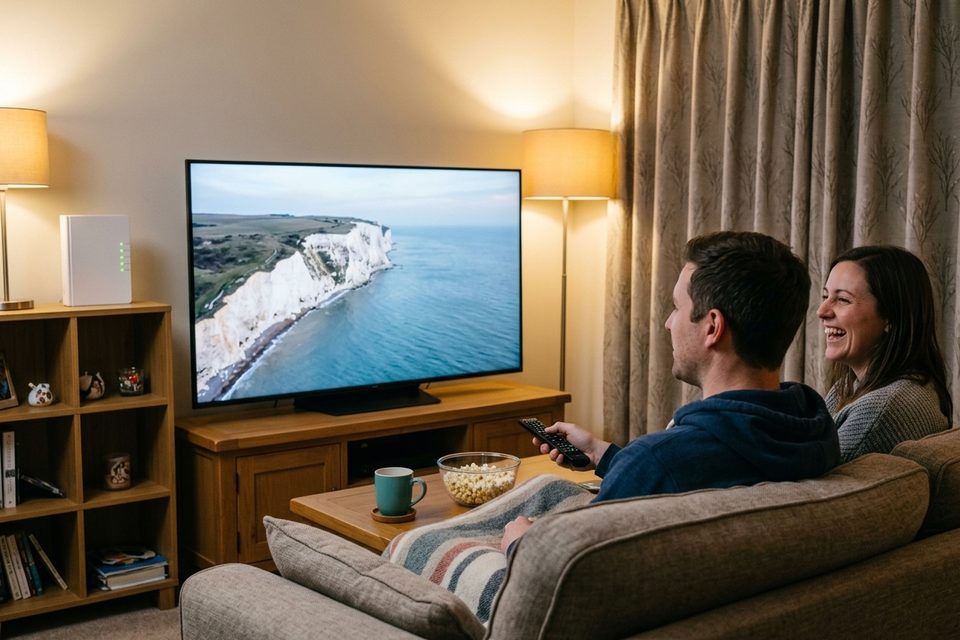 A couple on a sofa under a blanket with popcorn watch a 4K aerial shot of white cliffs on a large TV, router on the shelf beside it