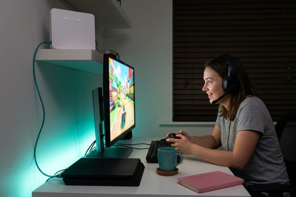A young woman with a headset plays a racing game at her desk, a teal Ethernet cable running from the router on the shelf down to the console