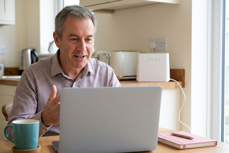 A man at a kitchen table talks on a video call on his laptop, gesturing with one hand, a white broadband router on the worktop behind him