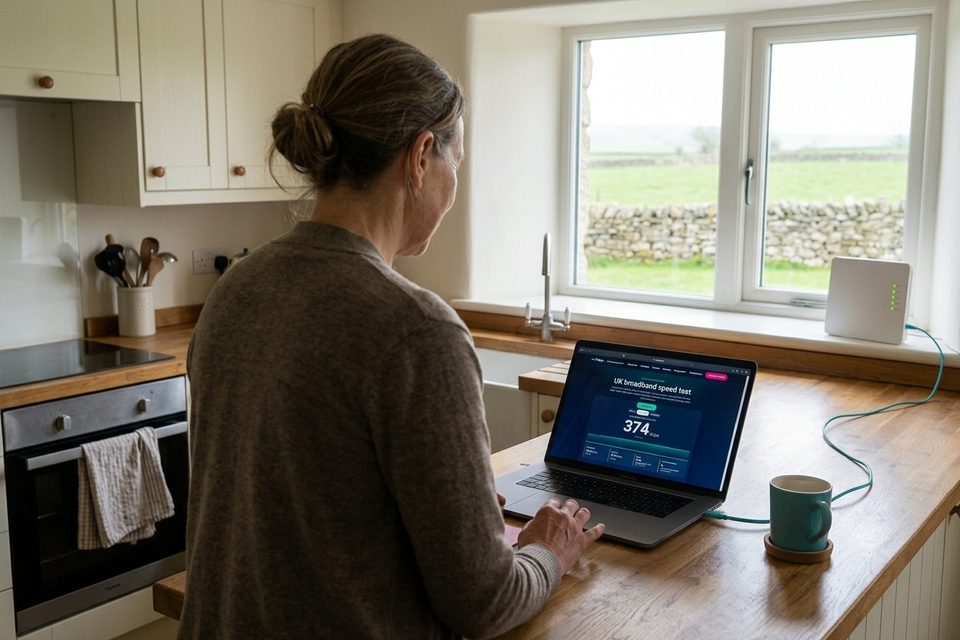 A woman at a cottage kitchen worktop looks at a laptop showing a Pulse result of 374 Mbps, with the router on the windowsill and fields outside