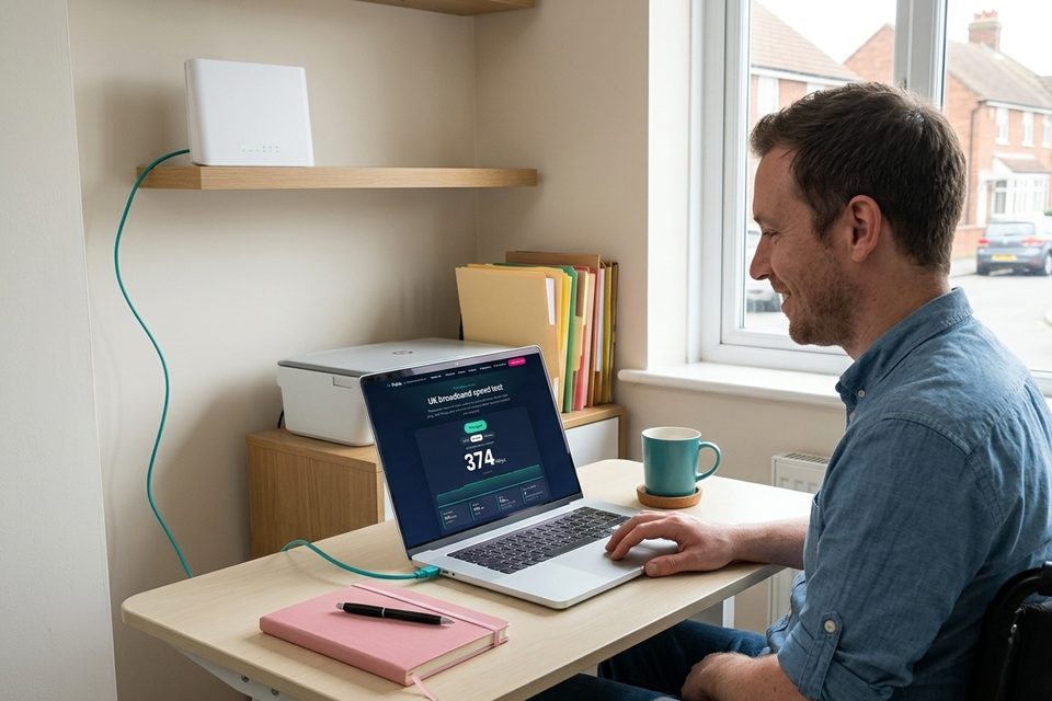 A man using a wheelchair at a height-adjustable desk smiles at a laptop showing a Pulse speed test result of 374 Mbps