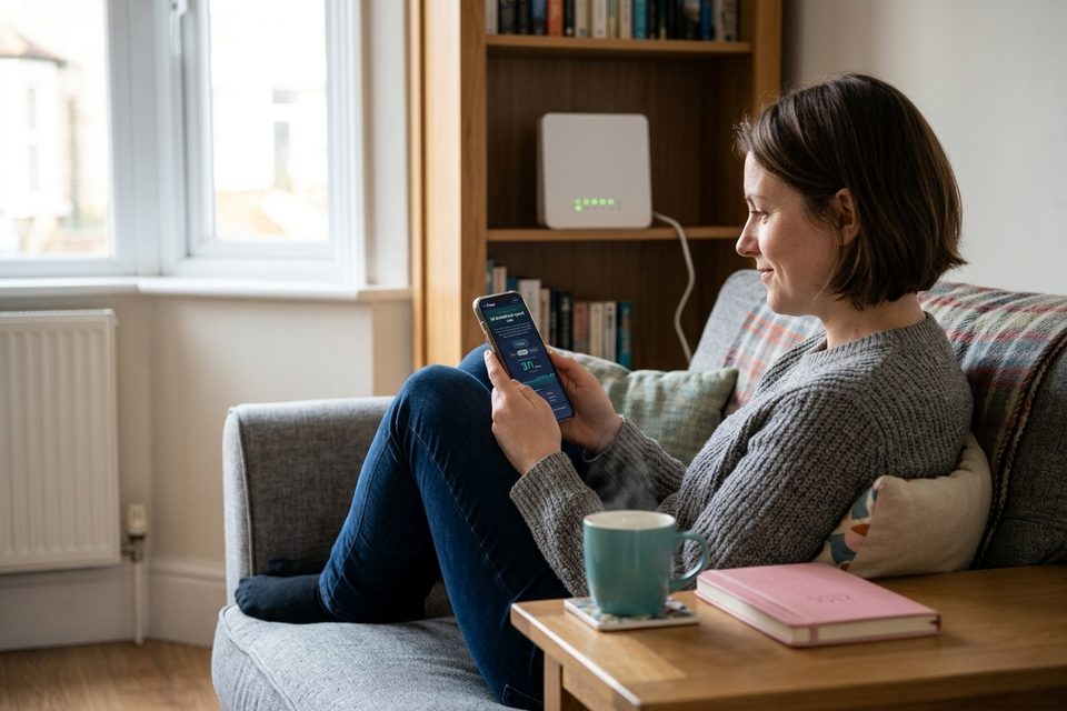 A woman on a grey sofa runs the Pulse speed test on her phone while the broadband router sits on a bookshelf across the room