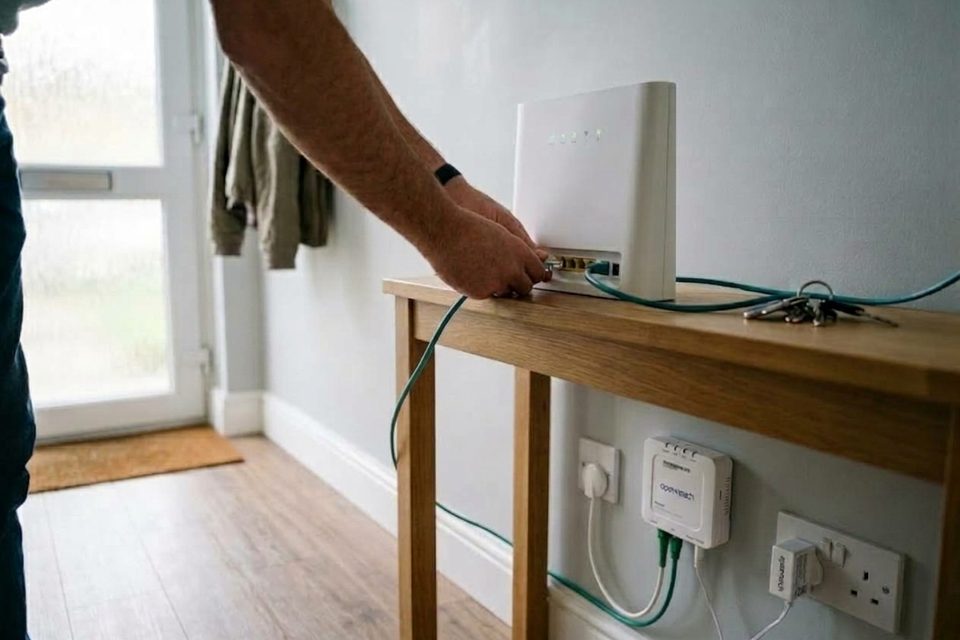 Hands plugging a teal Ethernet cable into the back of a white broadband router on a hallway table, with the Openreach fibre box on the wall below